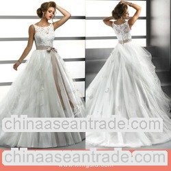 Custom Made Ruffled Tulle Jewel Neckline Ball Gown Wedding Dress