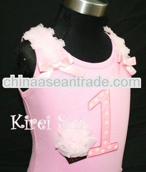 1st Birthday Light Pink Tank Tops with Light Pink White Polka Dots Number and 3D Rosettes Cupcake an