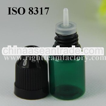 5ml GREEN childproof plastic e-liquid dropper bottle with black childproof cap, SGS ,TUV,ISO 8317