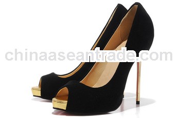 Black and gold peep toe suede leather high heel shoes