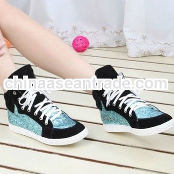 Bling blue and gold sequins sneakers women high top booties women casual shoes lace up shoes top qua