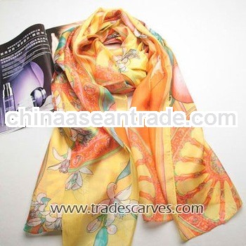 Chinese long orange paj silk beautiful printed scarf