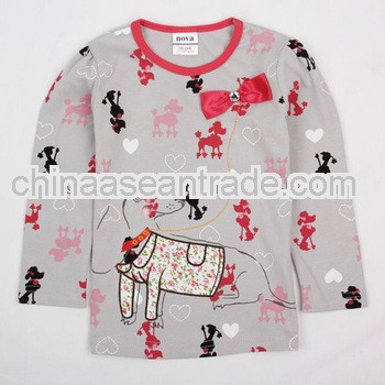 F4556 kids wholesale long sleeve printed puppy tshirts for girls