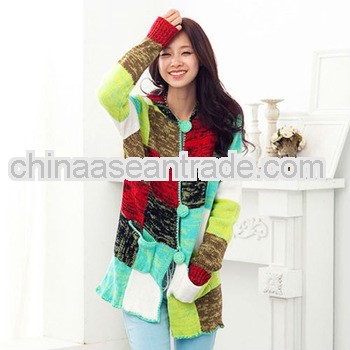 Fashion Colorful Long Cardigan Sweater Acrylon Coat with Hat and Pockets