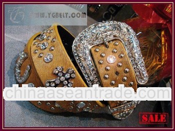 Fashion Glass Beaded Cross Furring Genuine Leather Belt
