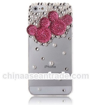 For Iphone 5 3D Bling Crystal Rhinestone Pearl Pink Mouse Case Cover Skin