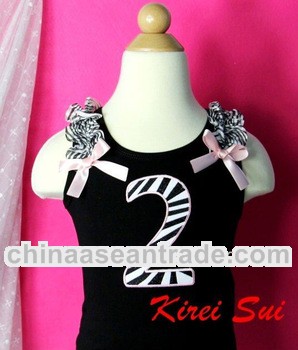 Pink Zebra number 2 Ruffles Bows with Black Tank Top Pettitops 1-10Y VLZ2