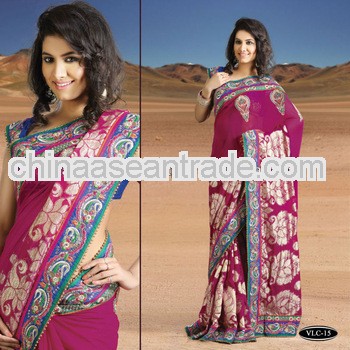 georgette with Zari patched embroidered stylish pink lehanga sarees/sari