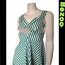 Casual Sleeveless Green / White Stripes Flare Dress