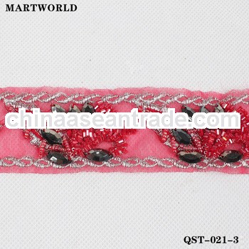 red beaded rhinestone bridal waist elastic belt(QST-021-3)