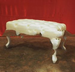 French Furniture Stool with Tufted Seat - White Ottoman with Ivory Upholstery Furniture