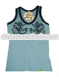 100% cotton ladies blue single jersey Pique vest stud cloth crew round neck tank top with emboidary 
