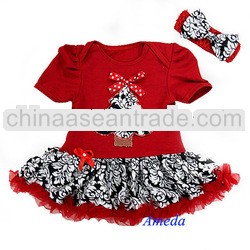 Baby Christmas Tree Red Demask Bodysuit Pettiskirt and Headband