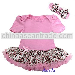 Baby Girls Light Pink Leopard Bodysuit Romper Pettiskirt Bow Headband 2pcs 0-18M