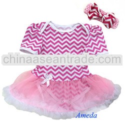 Baby Girls Pink White Chevron Bodysuit Romper Pettiskirt Bow Headband 2pcs 0-18M