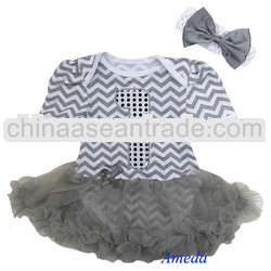 Baby Glitter Number 1 Silver White Chevron Bodysuit Pettiskirt and Headband