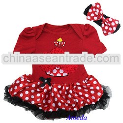 Baby Red Polka Dots Minnie Mouse Cupcake Bodysuit Romper Pettiskirt Bow Headband 2pcs 0-12M