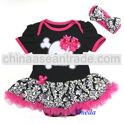 Baby Skull Black Hot Pink Demask Bodysuit Pettiskirt and Headband