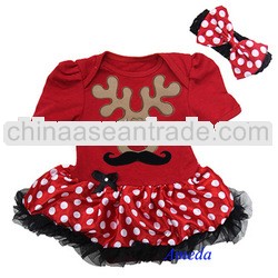 Baby Xmas Mustache Reindeer Red White Polka Dots Bodysuit Pettiskirt and Headband NB-18M