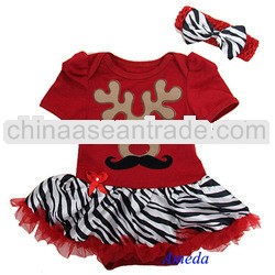 Baby Xmas Mustache Reindeer Red Zebra Bodysuit Pettiskirt and Headband NB-18M
