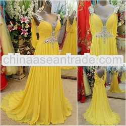 GP016 Hot Sell New Arrival A-line V-neck Sexy Crystal Elegant Customed Yellow 2013 New Model Evening
