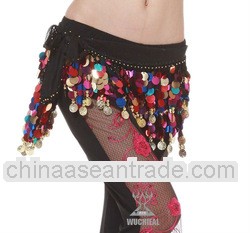 Hot!Black Chiffon Colorful Coins Belly Dance Hip Scarf
