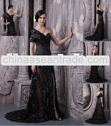 Hot Designer Sexy One-Shoulder A-line Beaded Applique Floor Length Evening Dress Prom Gown PS029