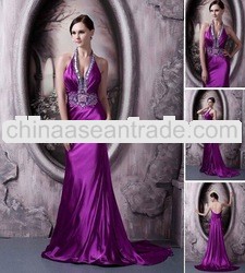 Hot Sale2012 Open Back Real Sample Purple Halter Satin Beaded Fashional Formal Evening Dresses Prom