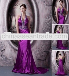 Hot Sale2012 Open Back Real Sample Purple Halter Satin Beaded Fashional Formal Evening Dresses Prom 
