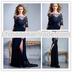 M068 Square Neck Illusion Beaded Lace Top Front Side Slit Navy Elegant Long Sleeve Evening Dresses F