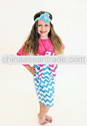 New Arrive! cotton chevron dress,zig zag dress, chevron top dress with big bow and short sleeve dres