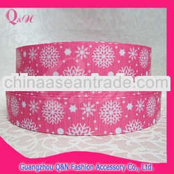 Pink Ribbon With White Snowflake Printed Grosgrain Ribbon