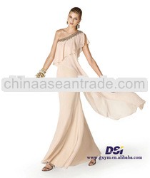SPD0111 2014 New designer beige one shoulder cap sleeve beaded long chiffon evening dress with tail 