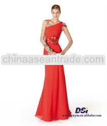 SPD0116 Glamorous 2014 latest red beaded hollow out one shoulder exquisite appliqued flower sash lon