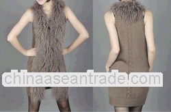 TT153 wool knit long gilet with genuine mongolia lamb fur trimming
