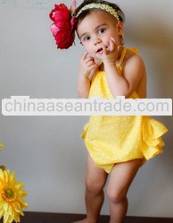 Wholesale Soft Cotton Bubble Romper for Baby Infant Girls Romper Sexy Yellow with Polka Bubble Cotto
