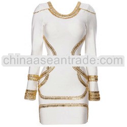 Women Gold Embellished long sleeve bandage dress in stock