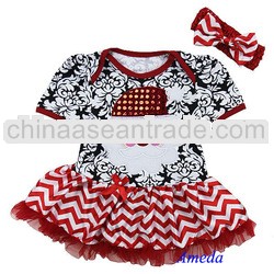 Xmas Glitter Santa Baby Red Damask Chevron Bodysuit Pettiskirt Dress Romper 0-18