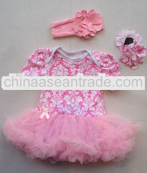 cute pink damask baby cotton romper with tutu skirt romper body suit
