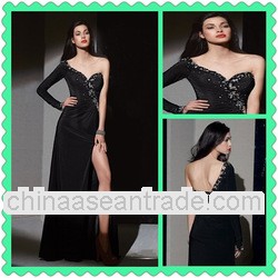 one sleeve beaded slit black sexy long evening dresses