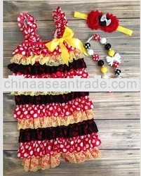 wholesale candy red polka dot satin yellow and black ruffle lace baby romper
