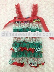 wholesale christmas satin & lace white ,green lace ruffle baby romper