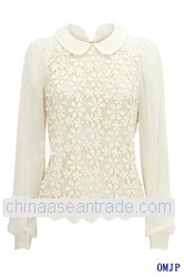 women white lace embroidered tops long sleeve scoop neck chiffon tops with sheer back