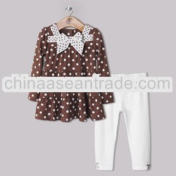 Chirstmas Girls Clothing Suits Brown Dot Outfit With Bow And Cotton Pants 2 PCS Children New Year Cl