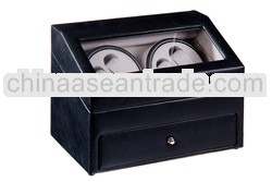 Dual Black Real Leather Automatic Watch Winding Box
