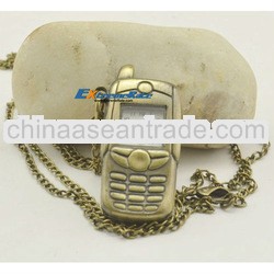 antique copper quartz cell phone shape pocket watch with necklace chain