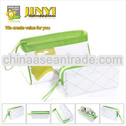 2013 popular white quilting pvc cosmetic bag with green handle