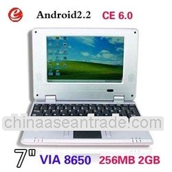 7 inch VIA 8650 netbook new laptop android 2.2 OS umpc+android 2.2 laptop umpc+VIA8650 800MHz+USB*3+