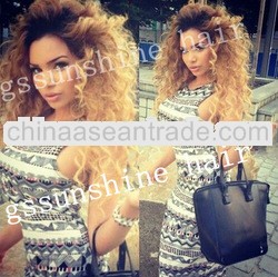 Best Sale two tone ombre color kinky curly 100% virgin peruvian human hair glueless silk top lace fr