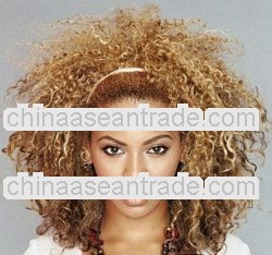 Hot Kinky Curl Attractive Shiny Blonde Medium Length Brazilian Virgin Remy Human Hair Full Lace Wig 